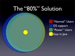 The “80%” Solution
              “Normal” Users
              DS support
              “Power” Users
              Easy in Java
 