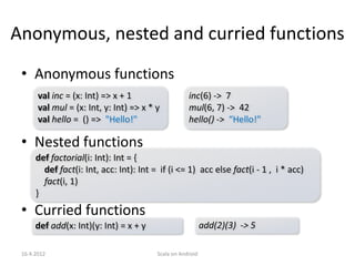 Anonymous, nested and curried functions
 • Anonymous functions
       val inc = (x: Int) => x + 1                   inc(6) -> 7
       val mul = (x: Int, y: Int) => x * y           mul(6, 7) -> 42
       val hello = () => "Hello!"                    hello() -> “Hello!"

 • Nested functions
      def factorial(i: Int): Int = {
        def fact(i: Int, acc: Int): Int = if (i <= 1) acc else fact(i - 1 , i * acc)
        fact(i, 1)
      }
 • Curried functions
      def add(x: Int)(y: Int) = x + y                       add(2)(3) -> 5

 16.4.2012                               Scala on Android
 