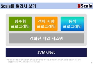 Scala를 멀리서 보기


      함수형                   객체 지향                   동적
     프로그래밍                  프로그래밍                  프로그래밍


                      강화된 타입 시스템


                             JVM/.Net
  ※동적 프로그래밍: 스칼라는 엄밀히 말하자면 동적 언어는 아니지만, 동적 언어에서 제공하는 많은 특징을 가지고 있다.
   (간결함(Concise), REPL, 고수준함수, Duck Typing 등)
                                                                      13
 