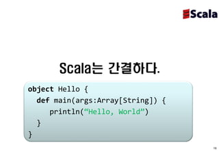 Scala는 간결하다.
object Hello {
  def main(args:Array[String]) {
     println(“Hello, World”)
  }
}
                                   18
 