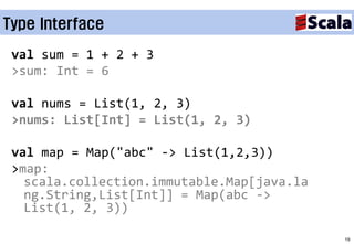 Type Interface

 val sum = 1 + 2 + 3
 >sum: Int = 6

 val nums = List(1, 2, 3)
 >nums: List[Int] = List(1, 2, 3)

 val map = Map("abc" -> List(1,2,3))
 >map:
   scala.collection.immutable.Map[java.la
   ng.String,List[Int]] = Map(abc ->
   List(1, 2, 3))

                                            19
 