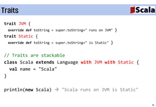 Traits
trait JVM {
  override def toString = super.toString+" runs on JVM"     }
trait Static {
  override def toString = super.toString+" is Static"   }

// Traits are stackable
class Scala extends Language with JVM with Static {
  val name = "Scala"
}

println(new Scala)  "Scala runs on JVM is Static"


                                                                30
 