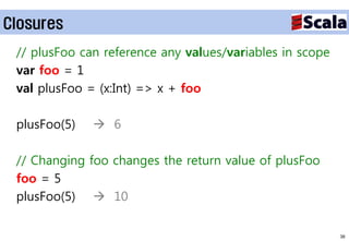 Closures
 // plusFoo can reference any values/variables in scope
 var foo = 1
 val plusFoo = (x:Int) => x + foo

 plusFoo(5)    6

 // Changing foo changes the return value of plusFoo
 foo = 5
 plusFoo(5)  10

                                                          38
 