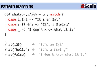 Pattern Matching
 def what(any:Any) = any match {
   case i:Int => "It's an Int"
   case s:String => "It's a String"
   case _ => "I don't know what it is"
 }

 what(123)        "It's an Int"
 what("hello")    "It's a String"
 what(false)      "I don't know what it is"


                                               39
 