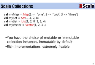 Scala Collections

 val   myMap = Map(1 -> "one", 2 -> "two", 3 -> "three")
 val   mySet = Set(1, 4, 2, 8)
 val   myList = List(1, 2, 8, 3, 3, 4)
 val   myVector = Vector(1, 2, 3...)



  You have the choice of mutable or immutable
   collection instances, immutable by default
  Rich implementations, extremely flexible



                                                           43
 