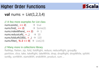 Higher Order Functions
 val nums = List(1,2,3,4)
 // A few more examples for List class
 nums.exists(_ == 2)        true
 nums.find(_ == 2)          Some(2)
 nums.indexWhere(_ == 2)  1
 nums.reduceLeft(_ + _)     10
 nums.foldLeft(100)(_ + _)  110
 nums.filter(_ % 2 == 0)  List(2,4)

 // Many more in collections library
 flatMap, flatten, zip, fold, foldRight, reduce, reduceRight, groupBy
 partition, slice, take, takeRight, takeWhile, drop, dropRight, dropWhile, splitAt
 sortBy, sortWith, startsWith, endsWith, product, sum …



                                                                                     50
 