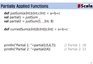 Partially Applied Functions
 def justSum(a:Int,b:Int,c:Int) = a+b+c
 val partial1 = justSum _
 val partial2 = justSum(1, _:Int, 8)

 def curriedSum(a:Int)(b:Int)(c:Int) = a+b+c



 println("Partial 1: "+partial1(5,6,7))   // Partial 1: 18
 println("Partial 2: "+partial2(4))       // Partial 2: 13


                                                             57
 