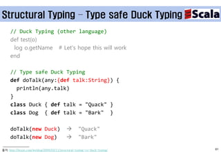 Structural Typing – Type safe Duck Typing
     // Duck Typing (other language)
     def test(o)
      log o.getName # Let's hope this will work
     end

     // Type safe Duck Typing
     def doTalk(any:{def talk:String}) {
       println(any.talk)
     }
     class Duck { def talk = "Quack" }
     class Dog { def talk = "Bark" }

     doTalk(new Duck)                             "Quack"
     doTalk(new Dog)                              "Bark"

출처: http://beust.com/weblog/2008/02/11/structural-typing-vs-duck-typing/   61
 