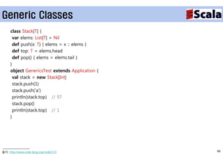 Generic Classes
     class Stack[T] {
       var elems: List[T] = Nil
       def push(x: T) { elems = x :: elems }
       def top: T = elems.head
       def pop() { elems = elems.tail }
     }
     object GenericsTest extends Application {
       val stack = new Stack[Int]
       stack.push(1)
       stack.push('a')
       println(stack.top) // 97
       stack.pop()
       println(stack.top) // 1
     }




출처: http://www.scala-lang.org/node/113           66
 