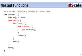Nested Functions
 // Can nest multiple levels of functions
 def outer() {
     var msg = "foo"
     def one() {
         def two() {
             def three() {
                 println(msg)
             }
             three()
         }
         two()
     }
     one()
 }

                                            79
 