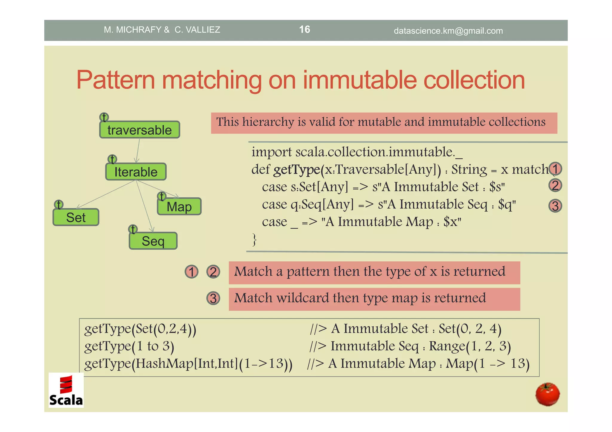 Pattern matching on immutable collection import scala.collection.immutable._ def getTypegetTypegetTypegetType(x:Traversable[Any]) : String = x match{ case s:Set[Any] => s"A Immutable Set : $s" case q:Seq[Any] => s"A Immutable Seq : $q" case _ => "A Immutable Map : $x" } getType(Set(0,2,4)) //> A Immutable Set : Set(0, 2, 4) getType(1 to 3) //> Immutable Seq : Range(1, 2, 3) getType(HashMap[Int,Int](1->13)) //> A Immutable Map : Map(1 -> 13) 2 Match a pattern then the type of x is returned Iterable Set Map Seq t t t t traversable t 1 1 2 3 3 Match wildcard then type map is returned This hierarchy is valid for mutable and immutable collections M. MICHRAFY & C. VALLIEZ datascience.km@gmail.com16 