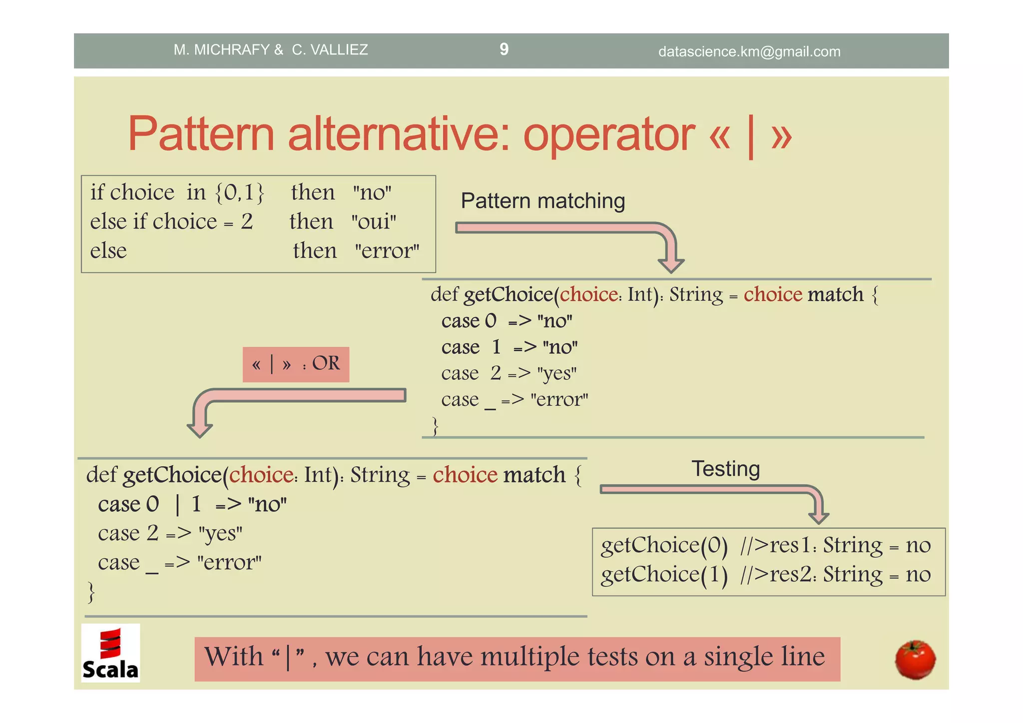 Pattern alternative: operator « | » def getChoicegetChoicegetChoicegetChoice(choicechoicechoicechoice: Int): String = choicechoicechoicechoice matchmatchmatchmatch { casecasecasecase 0000 =>=>=>=> """"no"no"no"no" casecasecasecase 1111 => "no"=> "no"=> "no"=> "no" case 2 => "yes" case ____ => "error" } if choice in {0,1} then "no" else if choice = 2 then "oui" else then "error" Pattern matching « | » : OR With “|” , we can have multiple tests on a single line def getChoicegetChoicegetChoicegetChoice(choicechoicechoicechoice: Int): String = choicechoicechoicechoice matchmatchmatchmatch { casecasecasecase 0000 | 1 =>| 1 =>| 1 =>| 1 => """"no"no"no"no" case 2 => "yes" case ____ => "error" } getChoice(0) //>res1: String = no getChoice(1) //>res2: String = no Testing M. MICHRAFY & C. VALLIEZ datascience.km@gmail.com9 