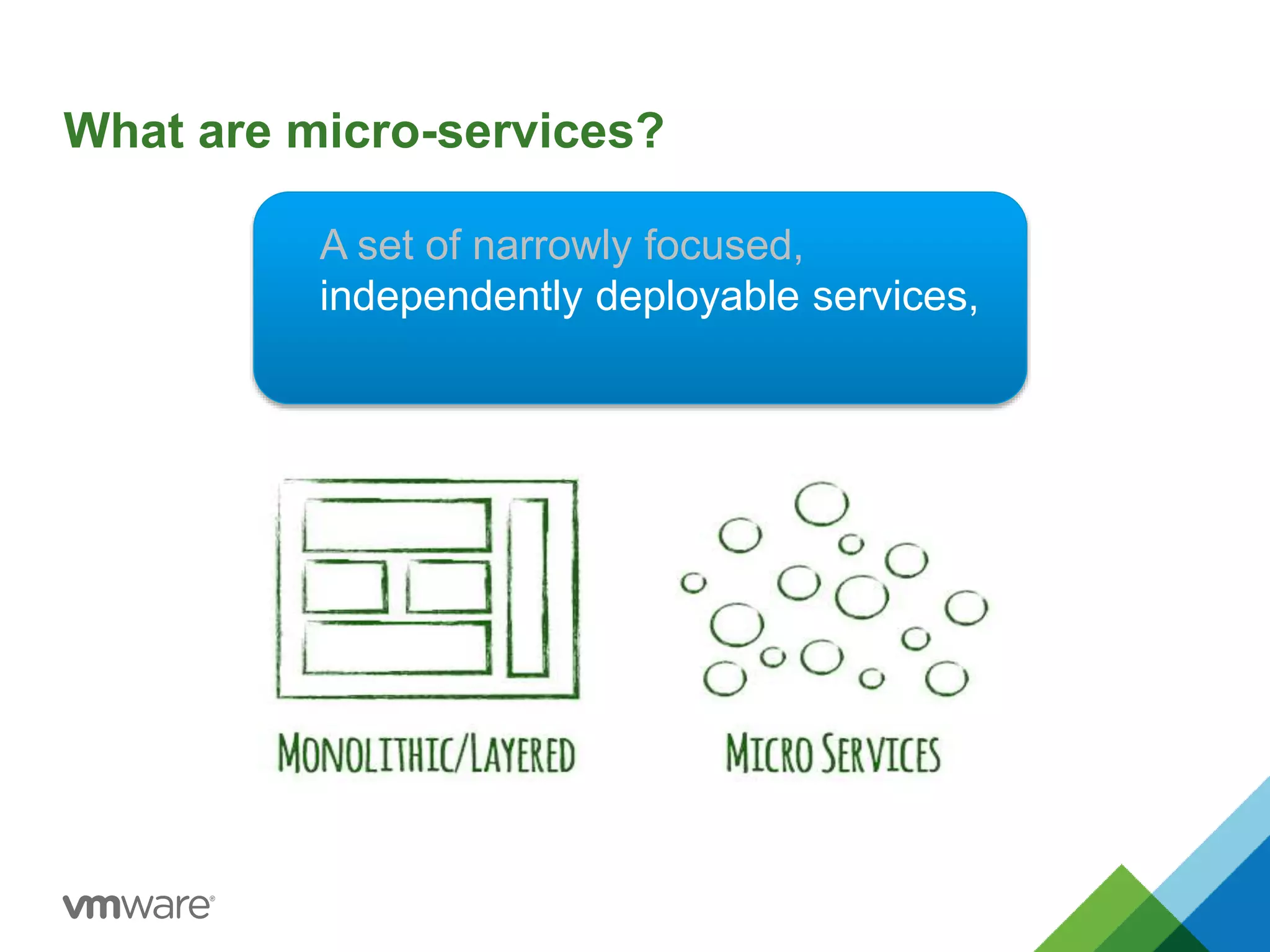 What are micro-services? 
A set of narrowly focused, 
independently deployable services, 
 