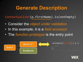 Generate Description 
Contextualizer(p.firstName).is(notEmpty) 
• Consider the object under validation 
• In this example, it is a field accessor 
• The function prototype is the entry point 
Select 
Ident(“p”) 
firstName 
validator[Person] { p ⇒ 
... 
} 
 