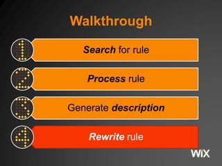 Walkthrough 
Search for rule 
Process rule 
Generate description 
Rewrite rule 
 