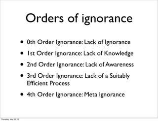 Orders of ignorance
• 0th Order Ignorance: Lack of Ignorance
• 1st Order Ignorance: Lack of Knowledge
• 2nd Order Ignoranc...