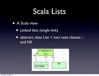 Scala Lists
                    • A Scala view:
                     • Linked lists (single link)
                     • abstract class List + two case classes: ::
                         and Nil




mercoledì 23 maggio 12
 
