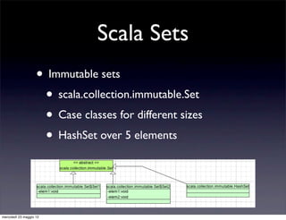 Scala Sets
                    • Immutable sets
                     • scala.collection.immutable.Set
                     • Case classes for different sizes
                     • HashSet over 5 elements


mercoledì 23 maggio 12
 