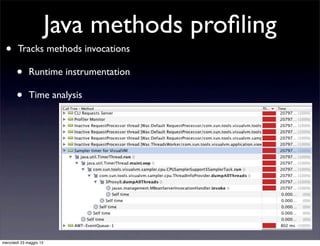 Java methods proﬁling
 •      Tracks methods invocations

       •      Runtime instrumentation

       •      Time analysis




mercoledì 23 maggio 12
 