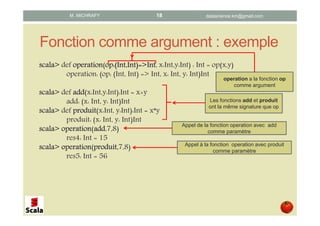 Fonction comme argument : exemple
scala>scala>scala>scala> def operationoperationoperationoperation(op:(op:(op:(op:(Int,IntInt,IntInt,IntInt,Int)=>Int)=>Int)=>Int)=>Int, x:Int,y:Int) : Int = op(x,y)
operation: (op: (Int, Int) => Int, x: Int, y: Int)Int
scala>scala>scala>scala> def addaddaddadd(x:Int,y:Int):Int = x+y
add: (x: Int, y: Int)Int
scala>scala>scala>scala> def produitproduitproduitproduit(x:Int, y:Int):Int = x*y
produit: (x: Int, y: Int)Int
scala>scala>scala>scala> operationoperationoperationoperation(addaddaddadd,7,8)
res4: Int = 15
scala>scala>scala>scala> operationoperationoperationoperation(produit,produit,produit,produit,7,8)
res5: Int = 56
operation a la fonction op
comme argument
Les fonctions add et produit
ont la même signature que op
Appel de la fonction operation avec add
comme paramètre
Appel à la fonction operation avec produit
comme paramètre
datascience.km@gmail.comM. MICHRAFY 18
 