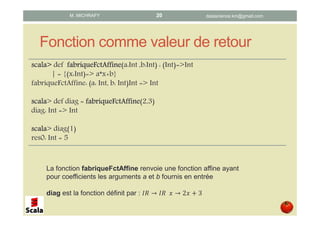 Fonction comme valeur de retour
scala>scala>scala>scala> def fabriqueFctAffinefabriqueFctAffinefabriqueFctAffinefabriqueFctAffine(a:Int ,b:Int) : (Int)=>Int
| = {(x:Int)=> a*x+b}
fabriqueFctAffine: (a: Int, b: Int)Int => Int
scalascalascalascala> def diag = fabriqueFctAffinefabriqueFctAffinefabriqueFctAffinefabriqueFctAffine(2,3)
diag: Int => Int
scalascalascalascala> diag(1)
res0: Int = 5
datascience.km@gmail.comM. MICHRAFY 20
La fonction fabriqueFctAffine renvoie une fonction affine ayant
pour coefficients les arguments a et b fournis en entrée
diag est la fonction définit par : → 		 → 2 3
Signature de la fonction
fabriqueFctAffine
Signature de la fonction diag
 