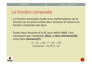 La fonction composée
• La fonction composée (notée o en mathématique) est la
fonction qui prend en entrée deux fonctions et retourne la
fonction composée des deux
• Soient deux fonctions F et G, pour définir FoG, il est
nécessaire que l’ensemble {G(x), x dans Domaine(G)}
inclut dans Domaine(F) :
∶ 1 → 2, ∶ 2 → 2
∶ 1 	∁		 2
datascience.km@gmail.comM. MICHRAFY 21
 