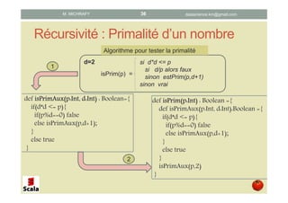 Récursivité : Primalité d’un nombre
def isPrimAuxisPrimAuxisPrimAuxisPrimAux((((p:Intp:Intp:Intp:Int, d:Int), d:Int), d:Int), d:Int) : Boolean={
if(d*d <= p){
if(p%d==0) false
else isPrimAux(p,d+1);
}
else true
}
def isPrimisPrimisPrimisPrim((((p:Intp:Intp:Intp:Int)))) : Boolean ={
def isPrimAux(p:Int, d:Int):Boolean ={
if(d*d <= p){
if(p%d==0) false
else isPrimAux(p,d+1);
}
else true
}
isPrimAux(p,2)
}
d=2
isPrim(p) =
si d*d <= p
si d/p alors faux
sinon estPrim(p,d+1)
sinon vrai
Algorithme pour tester la primalité
1
2
datascience.km@gmail.comM. MICHRAFY 36
 