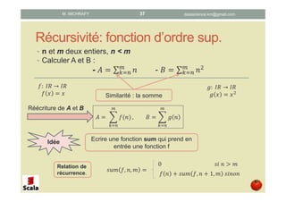 Récursivité: fonction d’ordre sup.
• n et m deux entiers, n < m
• Calculer A et B :
- ∑ - ∑
datascience.km@gmail.comM. MICHRAFY 37
Similarité : la somme
!: 	 → 		
! 	
#: 	 → 		
#
	 $ !% & , $ #
Réécriture de A et B
Ecrire une fonction sum qui prend en
entrée une fonction f
Idée
'() !, , )
0																																							' 	 + )
! '() !, 1, ) 	'
Relation de
récurrence.
 