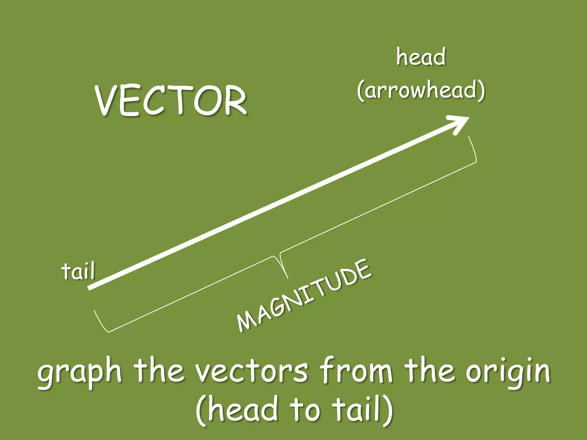 graph the vectors from the origin
(head to tail)
head
(arrowhead)
VECTOR
tail
 