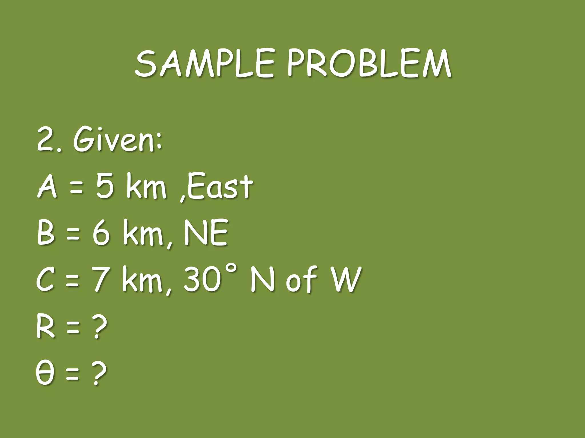 SAMPLE PROBLEM
2. Given:
A = 5 km ,East
B = 6 km, NE
C = 7 km, 30˚ N of W
R = ?
θ = ?
 