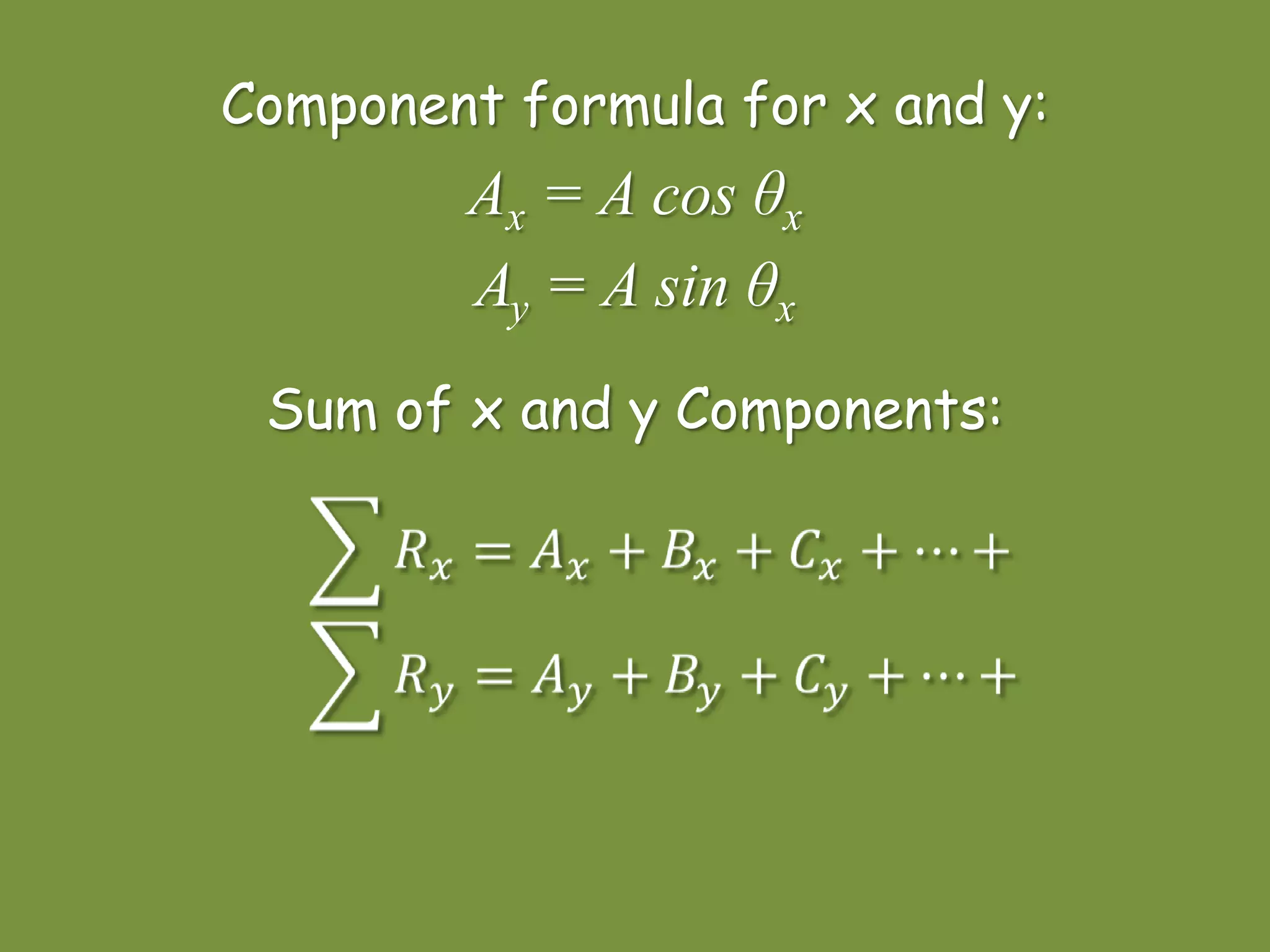 Component formula for x and y:
Ax = A cos θx
Ay = A sin θx
Sum of x and y Components:
 