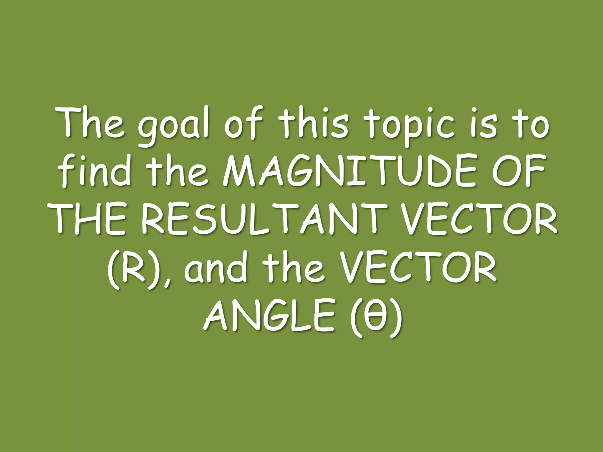 The goal of this topic is to
find the MAGNITUDE OF
THE RESULTANT VECTOR
(R), and the VECTOR
ANGLE (θ)
 