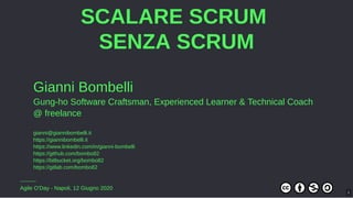 SCALARE SCRUM
SENZA SCRUM
Gianni Bombelli
Gung-ho Software Craftsman, Experienced Learner & Technical Coach
@ freelance
gianni@giannibombelli.it
https://giannibombelli.it
https://www.linkedin.com/in/gianni-bombelli
https://github.com/bombo82
https://bitbucket.org/bombo82
https://gitlab.com/bombo82
Agile O'Day - Napoli, 12 Giugno 2020
1
 