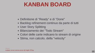 KANBAN BOARD
Definitione di "Ready" e di "Done"
Backlog refinement continuo da parte di tutti
User Story Splitting
Bilanci...