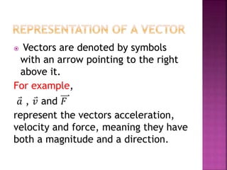  Vectors are denoted by symbols
with an arrow pointing to the right
above it.
For example,
𝑎 , 𝑣 and 𝐹
represent the vectors acceleration,
velocity and force, meaning they have
both a magnitude and a direction.
 