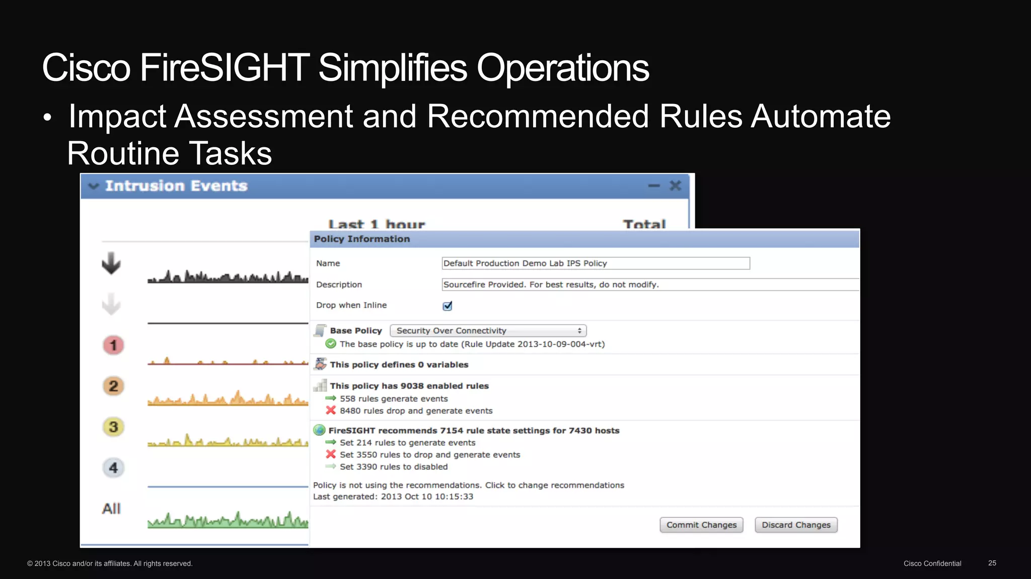 Cisco FireSIGHT Simplifies Operations 
• Impact Assessment and Recommended Rules Automate 
Routine Tasks 
© 2013 Cisco and/or its affiliates. All rights reserved. Cisco Confidential 25 
 