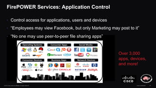 FirePOWER Services: Application Control 
• Control access for applications, users and devices 
• “Employees may view Faceb...