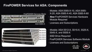 FirePOWER Services for ASA: Components 
FirePOWER Services Blade 
ASA 5585-X 
• Models: ASA 5585-X-10, ASA 5585- 
X-20, AS...