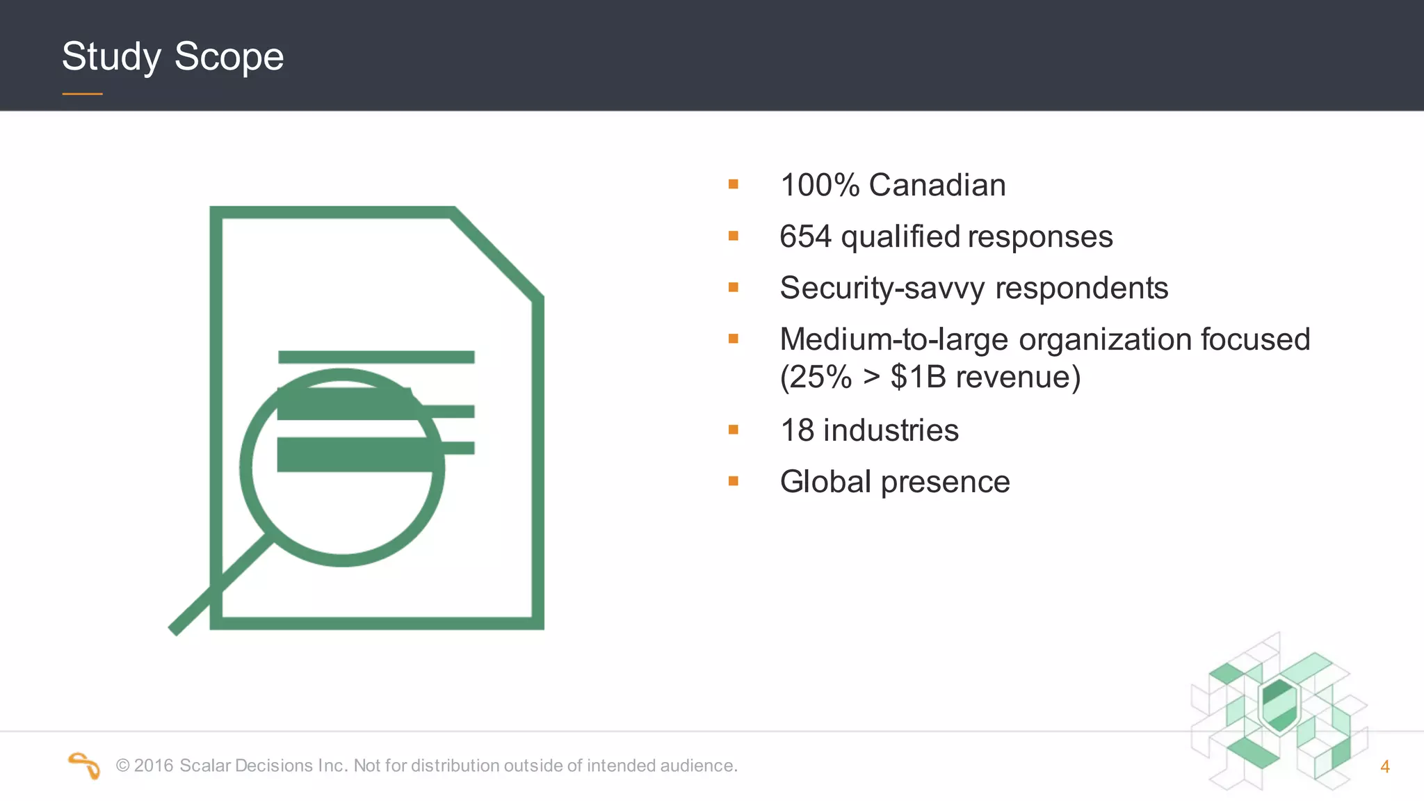 ©  2016  Scalar  Decisions  Inc.  Not  for  distribution  outside  of  intended  audience.   4
Study  Scope
§ 100%  Canadian
§ 654  qualified  responses
§ Security-­savvy  respondents
§ Medium-­to-­large  organization  focused  
(25%  >  $1B  revenue)
§ 18  industries
§ Global  presence
 
