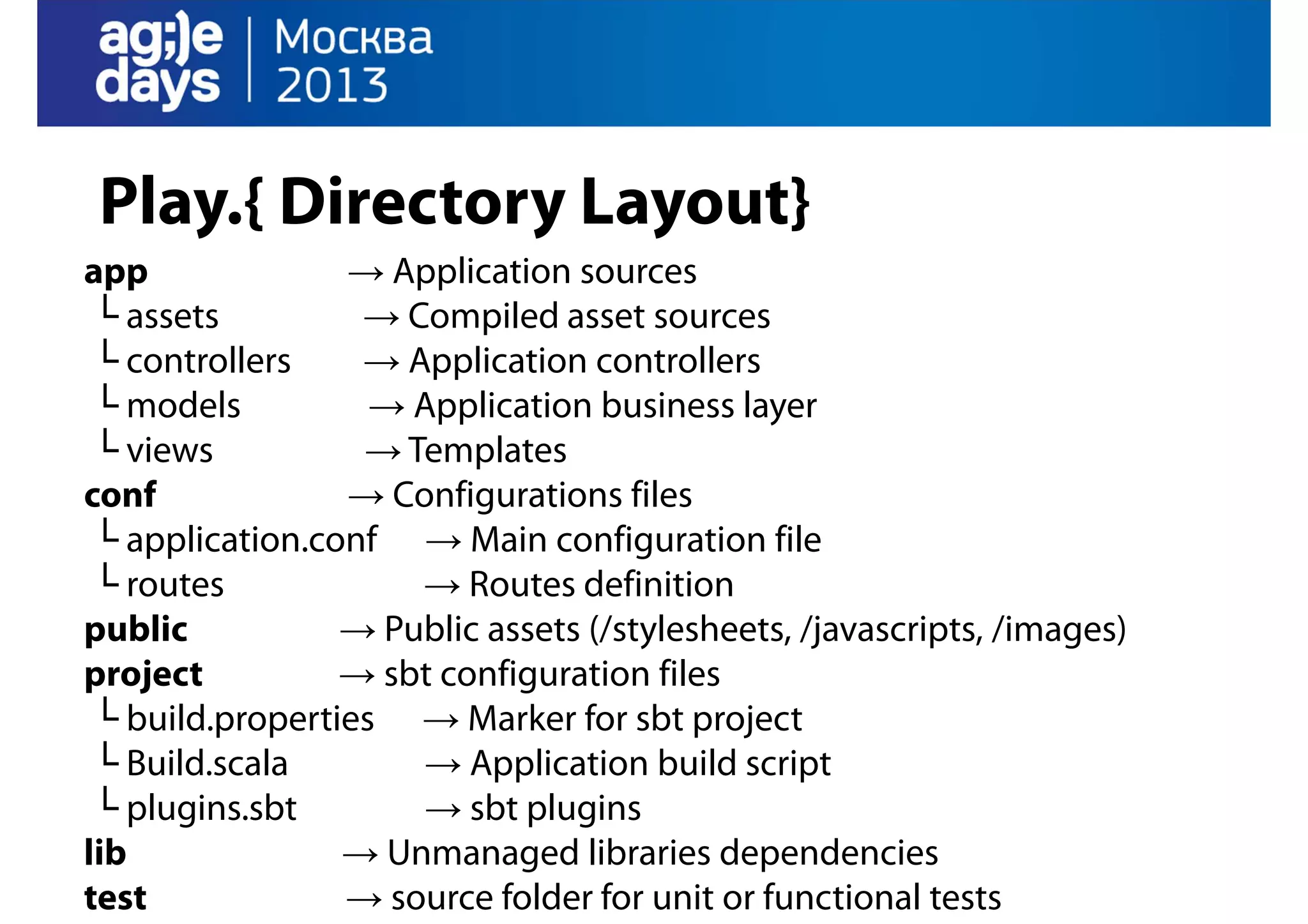 Play.{ Directory Layout}
app
→ Application sources
└ assets
→ Compiled asset sources
└ controllers
→ Application controllers
└ models
→ Application business layer
└ views
→ Templates
conf
→ Configurations files
└ application.conf → Main configuration file
└ routes
→ Routes definition
public
→ Public assets (/stylesheets, /javascripts, /images)
project
→ sbt configuration files
└ build.properties → Marker for sbt project
└ Build.scala
→ Application build script
└ plugins.sbt
→ sbt plugins
lib
→ Unmanaged libraries dependencies
test
→ source folder for unit or functional tests

 
