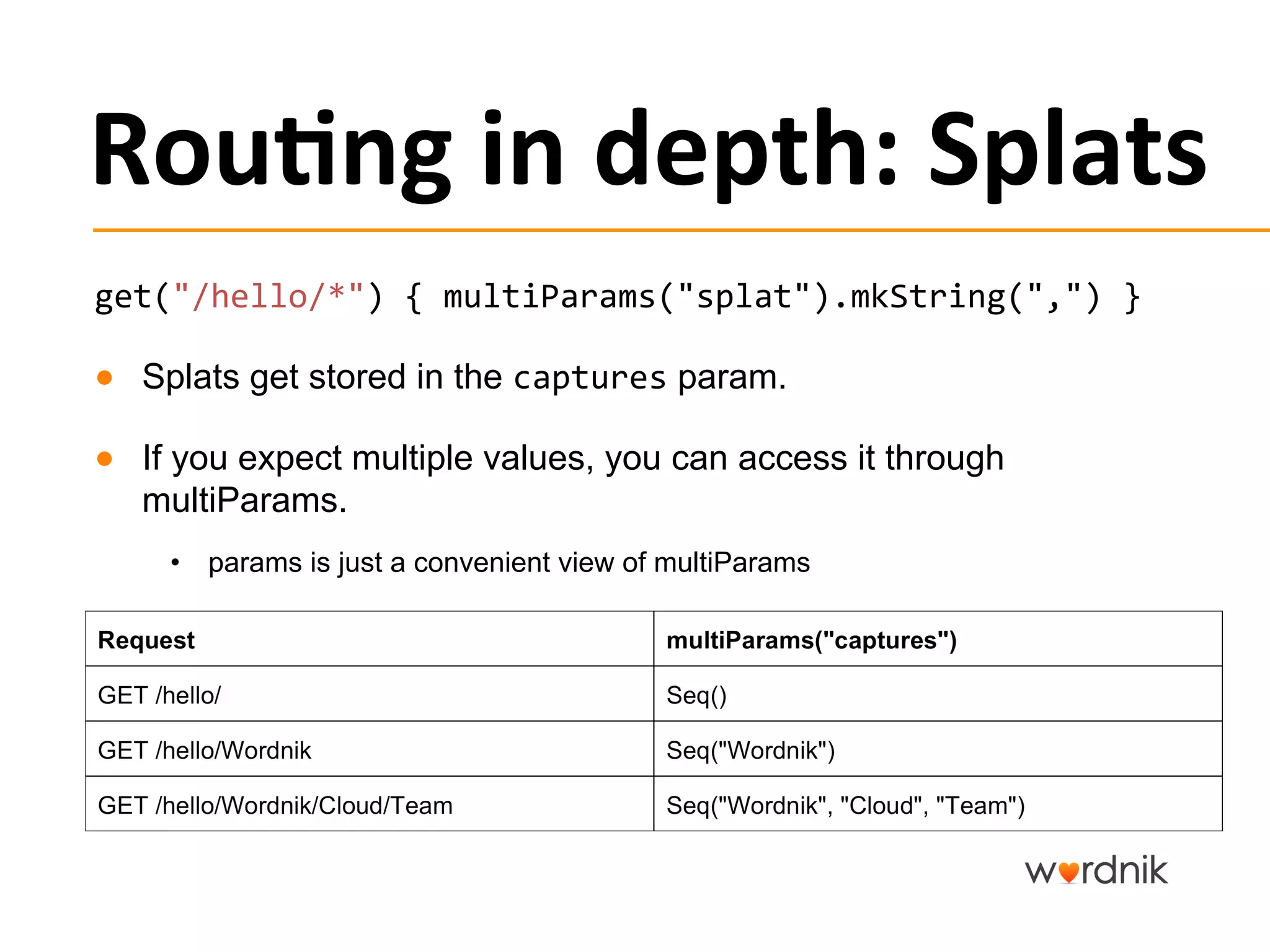 Rou,ng	
  in	
  depth:	
  Splats	
  
get("/hello/*")	
  {	
  multiParams("splat").mkString(",")	
  }	
  

●  Splats get stored in the captures param.

●  If you expect multiple values, you can access it through
   multiParams.
    •  params is just a convenient view of multiParams
 