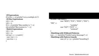 Example
- If Expressions
if (10%2 == 0) println(“10 is a multiple of 2”)
- If-Else Expressions
val x = 10;
val y = 5
if (x > y) println(“Max number is :”+ x)
else println(“Max numner is :” + y)
- Match Expressions
val x = 10;
val y = 5;
val max = x > y match {
case true => x
case true => y
}
- A Pattern Alternative :
val day = “MON”
val kind = day match {
case “MON”| ”TUE” | “WED” | “THU” | “FRI”
=>
“weekday”
case “SAT” | “SUN” =>
“weekend”
}
- Matching with Wildcard Patterns
case _ => {println(s”Couldn’t parse $message”) -1}
- Matching with Pattern Guards
case 3 if 3 > 5=> println(“Something”)
Source : Safaribooksonline.com
 