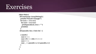 Exercises
object Main {
def main(args: Array[String]) {
println("Pascal's Triangle")
for (row <- 0 to 10) {
for (col <- 0 to row)
print(pascal(col, row) + " ")
println()
}
def pascal(c: Int, r: Int): Int = {
c match {
case 0 => 1
case 1 if c == 1 && c != r => r
case r => 1
case _ => pascal(c-1,r-1)+pascal(c,r-1)
}
}
}
 