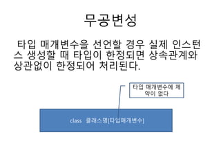 무공변성
타입 매개변수을 선언할 경우 실제 인스턴
스 생성할 때 타입이 한정되면 상속관계와
상관없이 한정되어 처리된다.
class 클래스명[타입매개변수]
타입 매개변수에 제
약이 없다
 