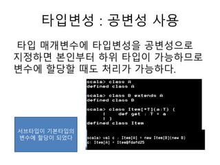 타입변성 : 공변성 사용
타입 매개변수에 타입변성을 공변성으로
지정하면 본인부터 하위 타입이 가능하므로
변수에 할당할 때도 처리가 가능하다.
서브타입이 기본타입의
변수에 할당이 되었다
 