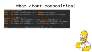 What about composition?
sealed trait UserOps[A]
final case class AddUser(user: User) extends UserOps[Unit]
final case class GetUser(id: UserId) extends UserOps[Option[User]]
sealed trait OfferOps[A]
final case class AddOffer(offer: Offer) extends OfferOps[Unit]
final case class GetOffer(id: OfferId) extends OfferOps[Option[Offer]]
final case class DeleteOffer(id: OfferId) extends OfferOps[Unit]
type UserOfferApp[A] = EitherK[UserOps, OfferOps, A]
 