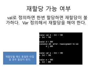 재할당 가능 여부
val로 정의하면 한번 할당하면 재할당이 불
가하다. Var 정의해서 재할당을 해야 한다.
재할당될 때도 동일한 타입
일 경우 할당이 된다.
 