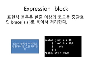 Expression block
표현식 블록은 한줄 이상의 코드를 중괄호
인 brace( { } )로 묶어서 처리한다.
표현식 블록에 마지막은
반환해야 할 값을 처리한
다.
 