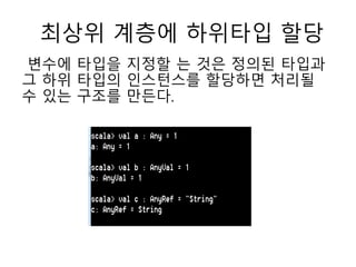 최상위 계층에 하위타입 할당
변수에 타입을 지정할 는 것은 정의된 타입과
그 하위 타입의 인스턴스를 할당하면 처리될
수 있는 구조를 만든다.
 