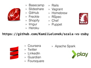 Resources:
https://github.com/KamilLelonek/scala-vs-ruby
https://blog.lelonek.me/
 